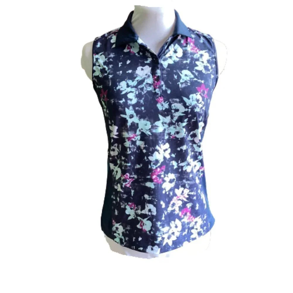 LADY Hagen Georgetown Dark Navy Floral Sleeveless‎ Golf Polo Shirt, Size XS